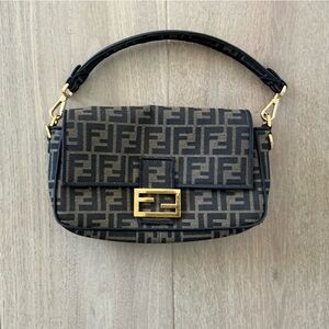 Fendi Brown and Dark Brown FF Logo Shoulder Bag with Gold Hardware